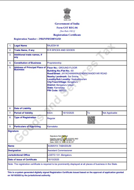 RR Spices And Goods GST Certificate